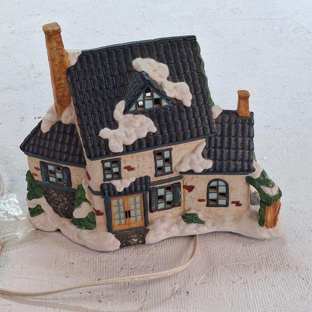 Ceramic Christmas Village House Light Up Cottage Snow Roof Wreaths Holiday Decor
